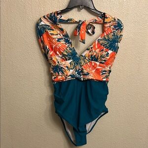 Tropical Print Halter One-Piece Swimsuit